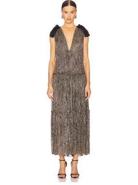Sabina Musayev Metallic Fringe V-Neck with Shoulder Bows Ray Dress in Gold Sz Md